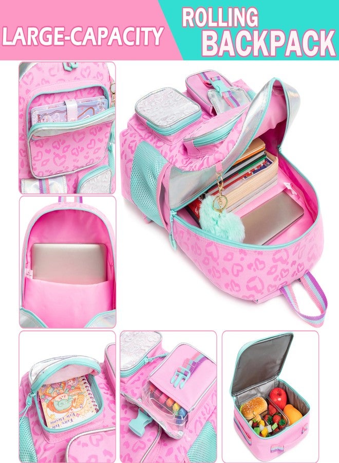 Meetbelify Girls' Rolling Backpack with Wheels - Cute Kawaii Carry On Backpack with Lunch Box for Elementary Students - Pink Love - Image 4